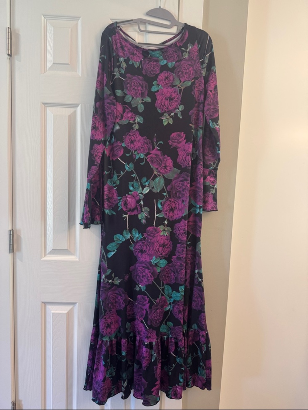SHEIN Black Maxi Dress with Purple Roses and Green Leaves